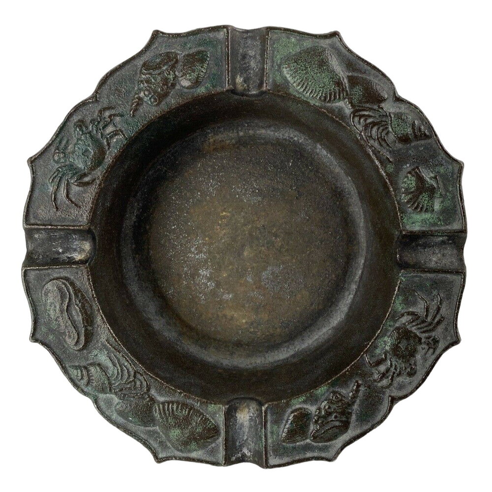 Vintage Bronze Sea Ocean Crabs Shells Scallop Ashtray Dish‎ Patina Art Deco